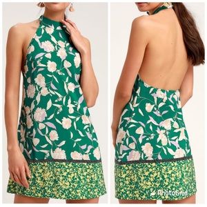 Lulu’s, Fleur-Ever and Always Green Floral Print Halter Dress NWT